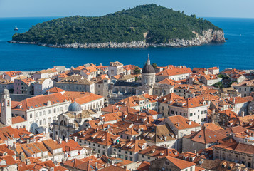 Poster - Aerial view from Walls of Dubrovnik with Cathedral and Lokrum island on background, Croatia