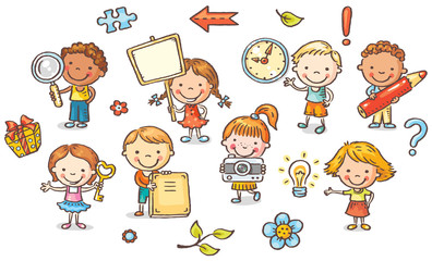 Leinwandbilder - Set of cartoon kids holding different objects