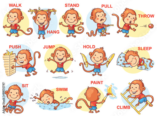 Verbs of action in pictures, cute monkey character ...