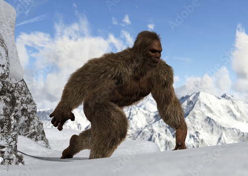 Zdjęcie XXL Sasquatch - Bigfoot - Yeti na ośnieżonych górskich szczytach