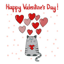 Happy Valentine's Day Card Template. Cute Cat In Love. Romantic Background.