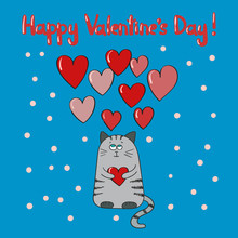 Cat In Love. Happy Valentine's Day Card Template. Holiday Background.