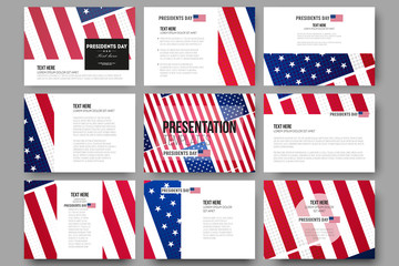 Wall Mural - Set of 9 vector templates for presentation slides. Presidents day background, abstract poster with american flag