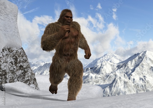 Plakat Sasquatch - Bigfoot - Yeti na ośnieżonych górskich szczytach