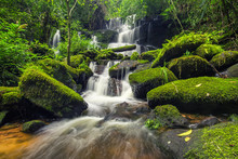 Beautiful Waterfall In Green Forest In Jungle At Phu Tub Berk Mo