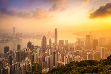 Wall Mural - Beautiful colorful Sunrise over Victoria Harbor as viewed a top