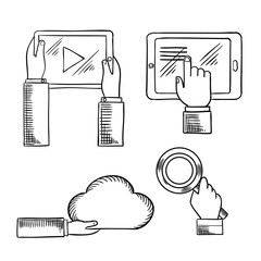 Aufkleber - Hands icons with tablets, cloud and magnifying glass
