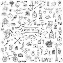 Hand Drawn Doodle Love And Feelings Collection Vector Illustration Sketchy Love Icons Big Set Of Icons For Valentine's Day, Mothers Day, Wedding, Love And Romantic Events Hearts Hands Cupid Bouquet