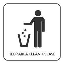 Keep Clean Icon. Do Not Litter Sign. Silhouette Of A Man, Throwing Garbage In A Bin, Isolated On White Background. No Littering Symbol In Square. Public Information Icon. Stock Vector Illustration