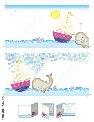 Happy boy and whale. Four pages square boy baptism invitation layout, both sides printable at size 30cm X 15cm. Cropping marks on document also.
