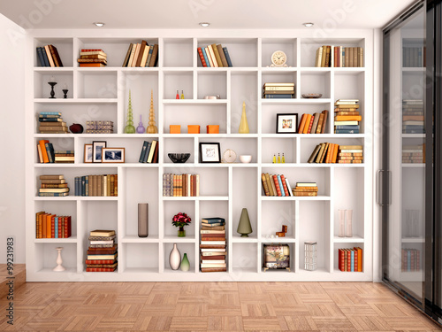 Fotografía 3d illustration of White shelves in the interior with various ob