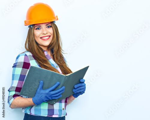 Plakat na zamówienie Woman architect hold business paper. Smiling girl portrait