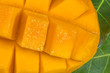 tranche de mangue mûre sur feuilles de manguier 