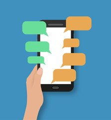 Poster - Hand holding black smartphone with chat bubbles.