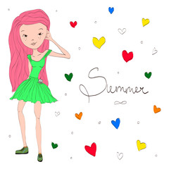 Wall Mural - Sweet and Adorable Hand Drawn Summer Girl