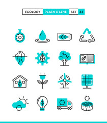 Wall Mural - Ecology, nature, clean energy, recycling and more. Plain and line icons set, flat design, vector illustration