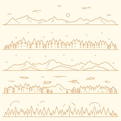 Set horizontal mountains fir forest linear style