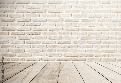 Floor And Wall Interior Of White Brick And White Wooden Floor