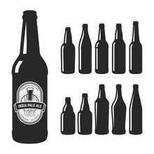 Vector Craft Beer Silhouettes. Set Of 10 Various Craft Beer Bottles. Different Shapes And Sizes. India Pale Ale Label.