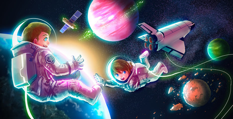 Cartoon astronaut couple boy girl flying in space for universe exploration and adventure with space shuttle satellite earth planet and stars in the background for children education concept