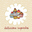 card with various cupcakes on a beige background with hand-drawn