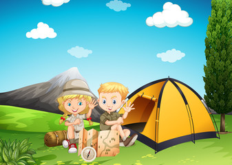 Poster - Boy and girl camping in the park