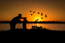 Silhouette Father And Son Play Binoculars Sunset Background