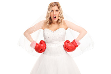 Poster - Angry bride in a wedding dress and boxing gloves