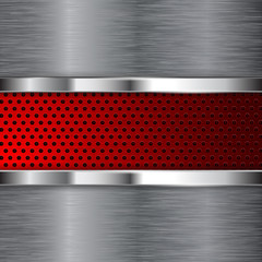 Wall Mural - Metal background. Red perforated steel plate with chrome frame. 