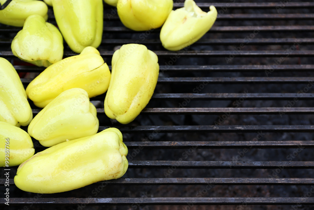 Fresh paprica on grill closeup