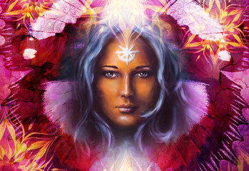 Poster - Beautiful Painting Goddess Woman with ornamental mandala and butterfly wings and color abstract background  and eye contact.