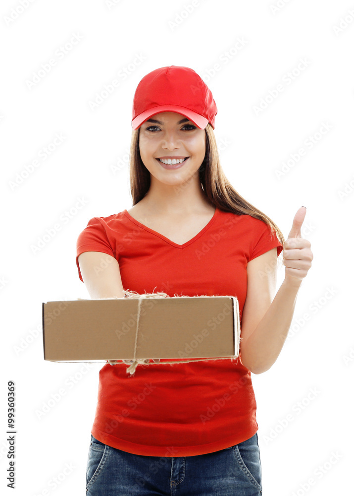 Delivery woman in red uniform holding package isolated on white background