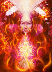 Poster - Beautiful Painting Goddess Woman with bird phoenix on your face with ornamental mandala and butterfly wings and color abstract background  and eye contact, and fire.