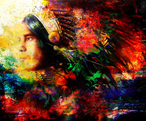  beautiful painting of a young indian warrior wearing a gorgeous feather headdress, profile portrait, abstract color background.