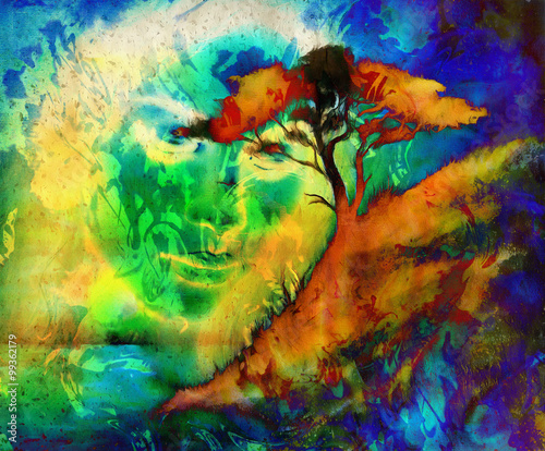 Naklejka ścienna Goddess woman, with ornamental face and tree, and color abstract background. meditative closed eyes.