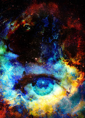Leinwandbilder - Goodnes woman eye and lion in space with galaxi and stars. profile portrait, eye contact.