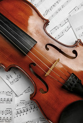 Poster - Violin on music papers background