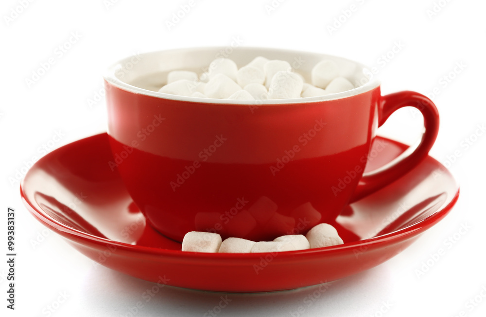 Mug of hot chocolate with marshmallows, isolated on white