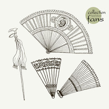 Collection Womens Old Fans. Vector Illustration Sketch On Paper Background