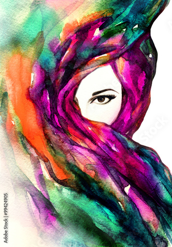 Fototapeta na wymiar Beautiful woman face hiding her face behind a veil. watercolor illustration