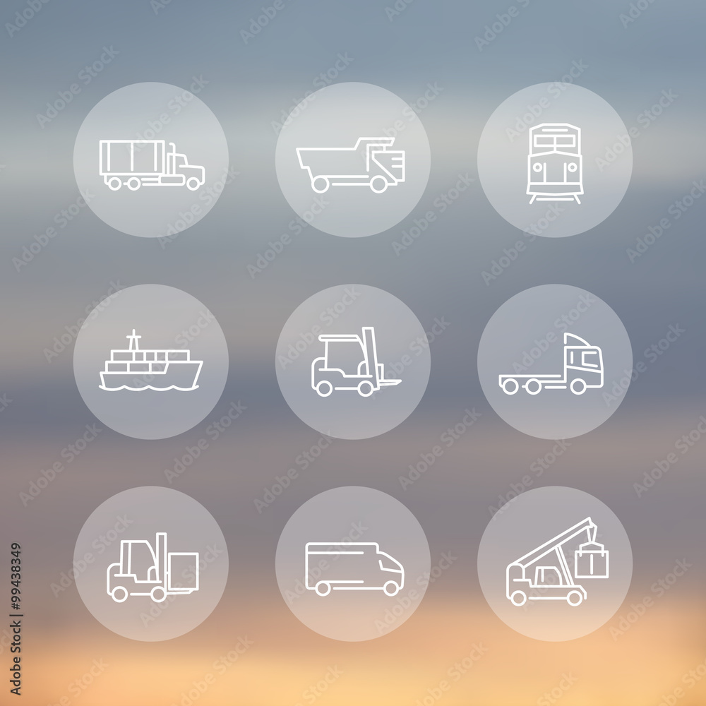 Transportation, line transparent round icons, forklift, cargo ship, freight train, kinds of transportation, mode of transport, vector