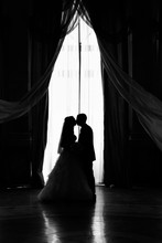 Silhouette Of A Bride And Groom Kissing 