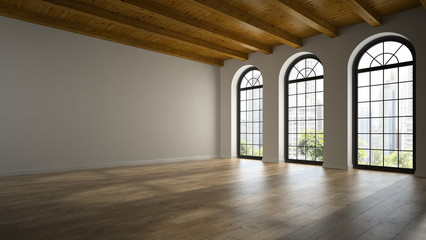  Empty loft room with arc windows 3D rendering 2