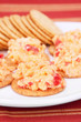 Cracker and Pimiento Cheese Appetizer – A southern favorite appetizer: pimiento cheese on wheat crackers.