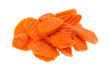 Serving of carrot chips on white background