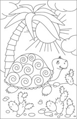 Wall Mural - Page with black and white drawing of turtle for coloring. Developing children skills for drawing. Vector image.