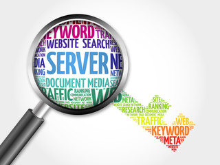 Poster - Server Key word cloud with magnifying glass, business concept