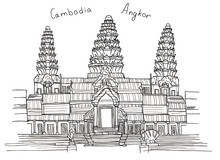 Sketch Hand Drawn Of Cambodia Angkor Angkor Wat(Angkorvoat) Isolated On White