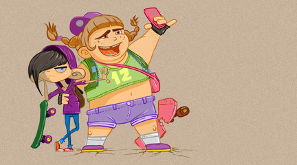 Two teenagers taking a selfie. A fat girl and a skinny boy standing one near other with skateboards. Together forever taking a photo. Kids friends illustration. Raster digital image.