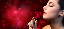 Valentines Beauty - Sensual Model Woman Touching Red Rose Flower
